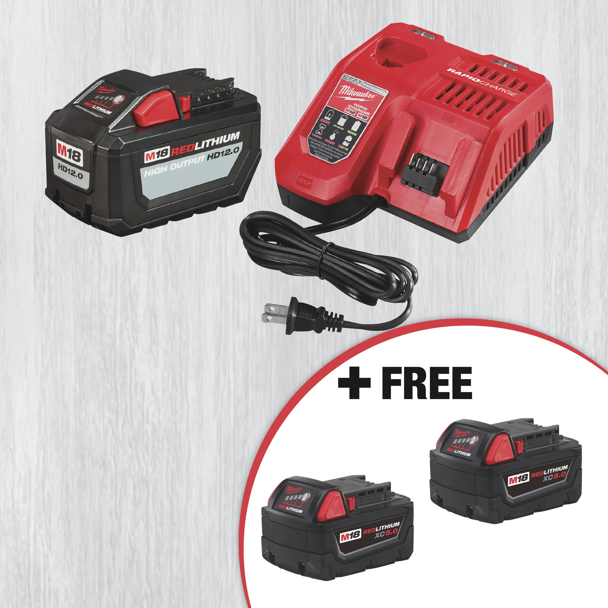 SPECIAL BUY! Milwaukee M18 REDLITHIUM High Output 12.0 Battery Pack with Rapid Charger and FREE REDLITHIUM XC5.0 Battery 2-Pack!